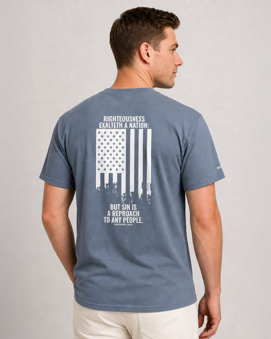 Model wearing the Righteousness Exalteth a Nation T‑Shirt
